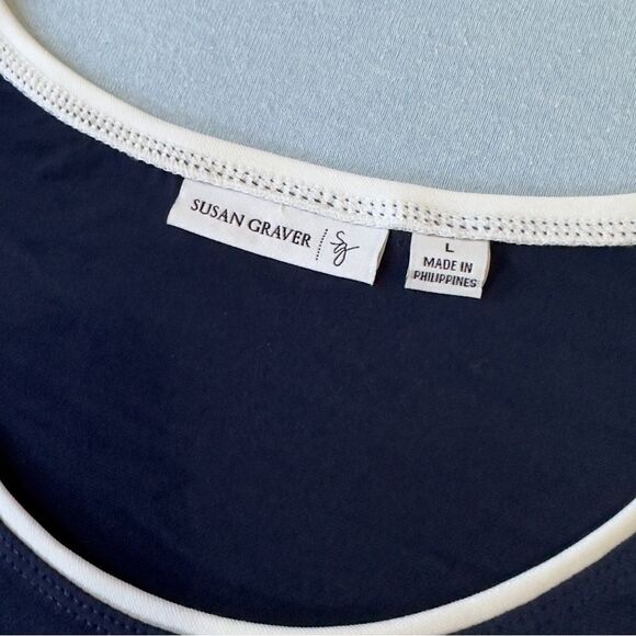 Susan Graver Navy White Trimming Jersey Long Sleeve Top LARGE - Picture 9 of 10